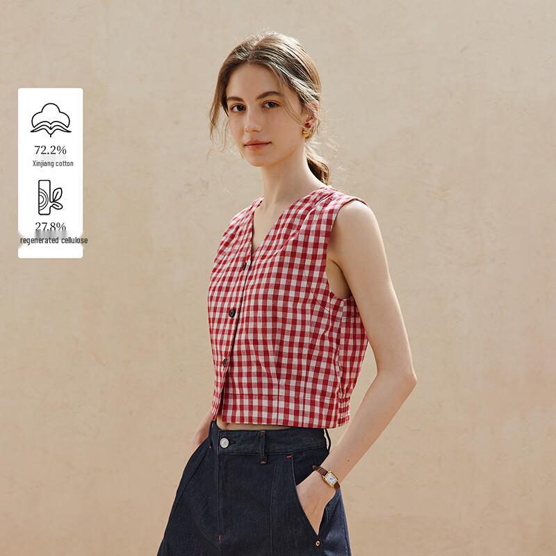 INMAN Women s Vintage Red Plaid Sleeveless Vest Top M