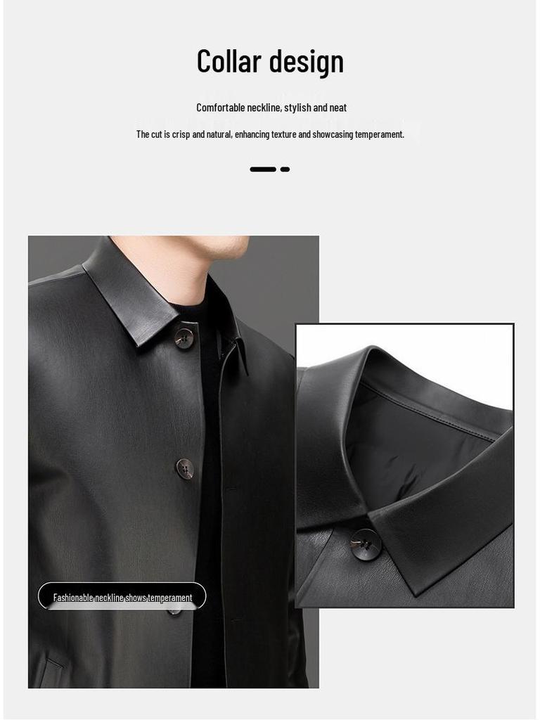 Men's Black Business Casual Leather Jacket with Down Liner for Autumn/Winter.