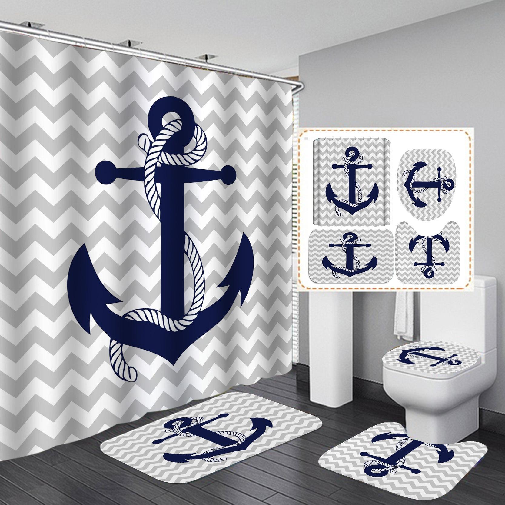 Wjg Pretty A Anchor 3D Digital Printing Bathroom Four-Piece Shower Curtain Curtain