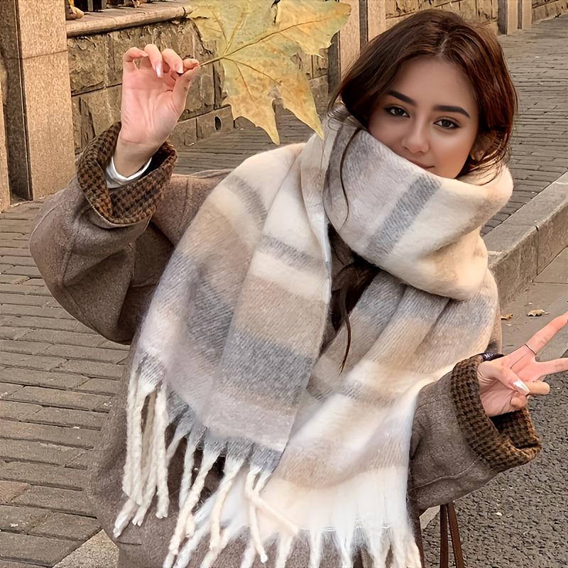 Available Autumn and Winter Elegant Color-Block Women'S Warm Scarf, Thick Striped Shawl with Tassels, Ideal for Outdoor Use