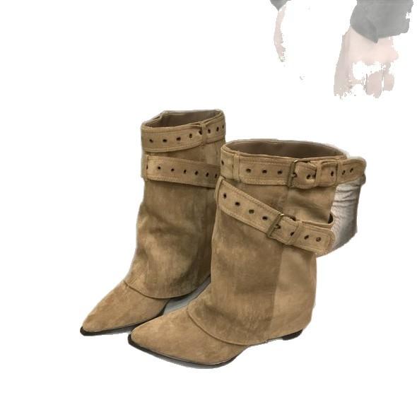 Cowhide version~ pointed retro Spice Girls Belt Buckle Pants Boots Thick Heel Temperament Short Boots Women's Skinny Western Cowboy Boots