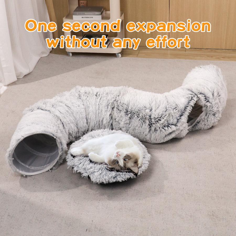 Plush Winter Cat Tunnel Bed - Warm, Foldable Pet Nest