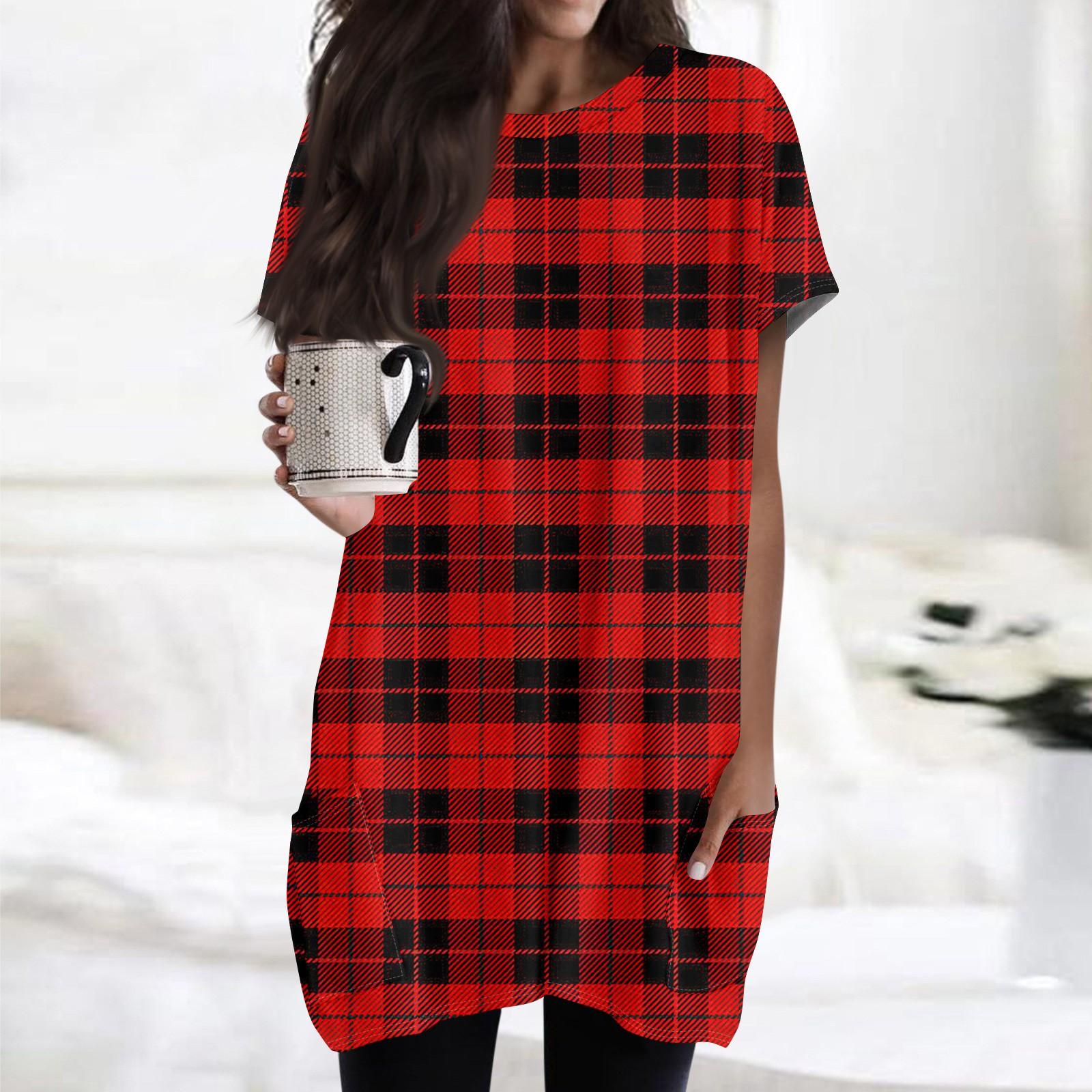 

Женская модная повседневная футболка с коротким рукавом и круглым вырезом с принтом и двумя карманами XL красный