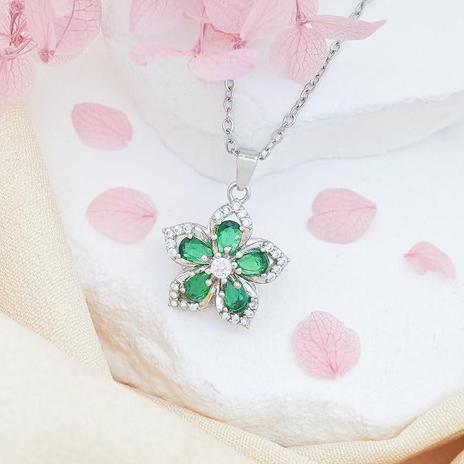 Elegant Zircon-Studded Rotatable Flower Pendant Necklace with Copper Inlay