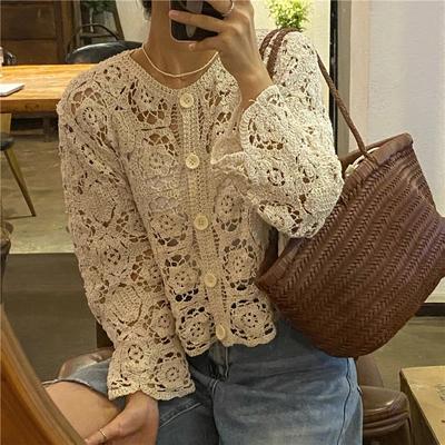 Spring and Autumn Hollow Lace Knitted Cardigan Coat Women's French Holiday Style Hook Flower Sunscreen Cardigan