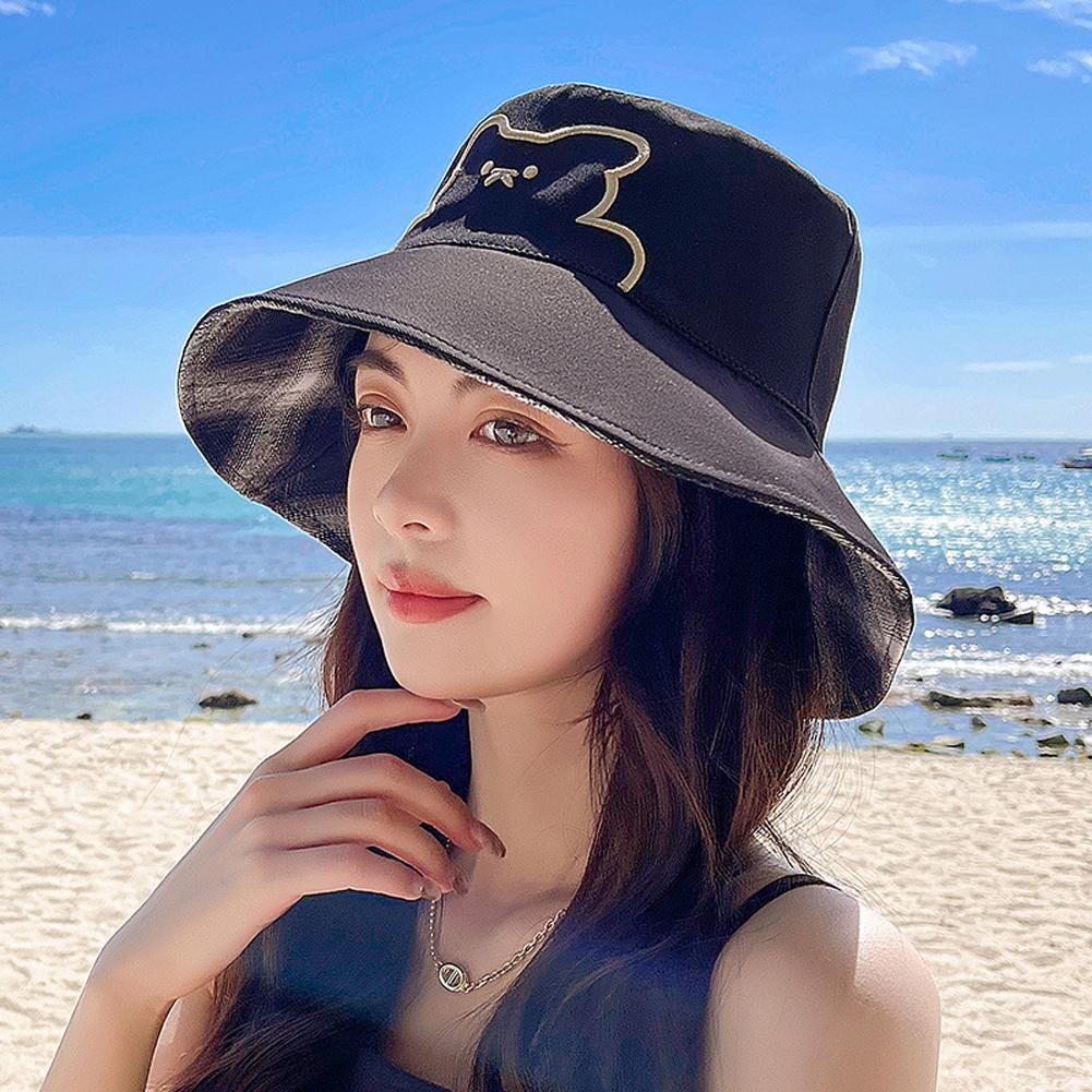 Fishing Hat Cotton Double-sided Embroidered Bear Pattern Sunshade Bucket Beach Hats