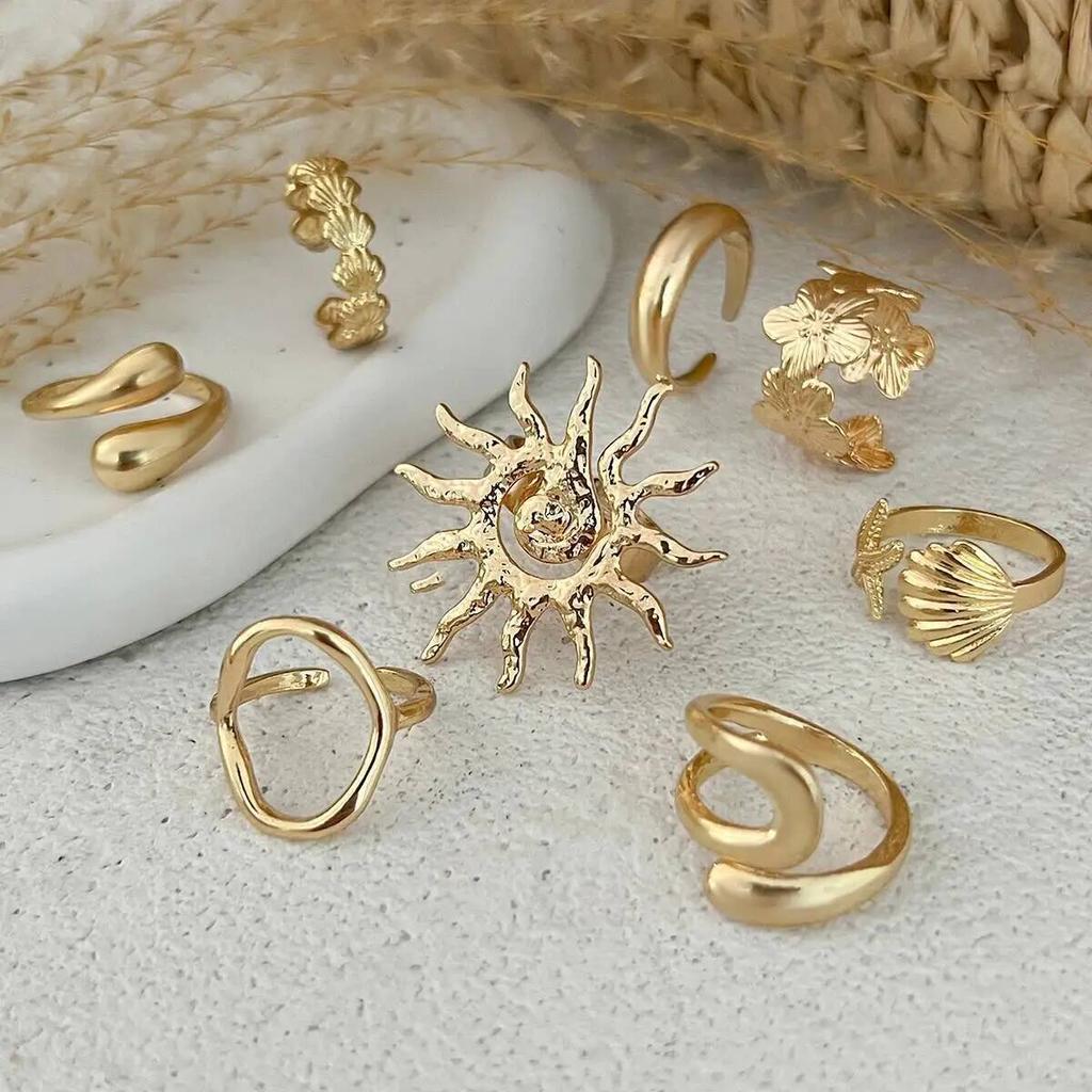 IngeSight.Z 8Pcs/set Fashion Starfish Scallop Open Finger Ring Women Vintage Gold Color Metal Knuckle Joint Ring Couple Jewelry