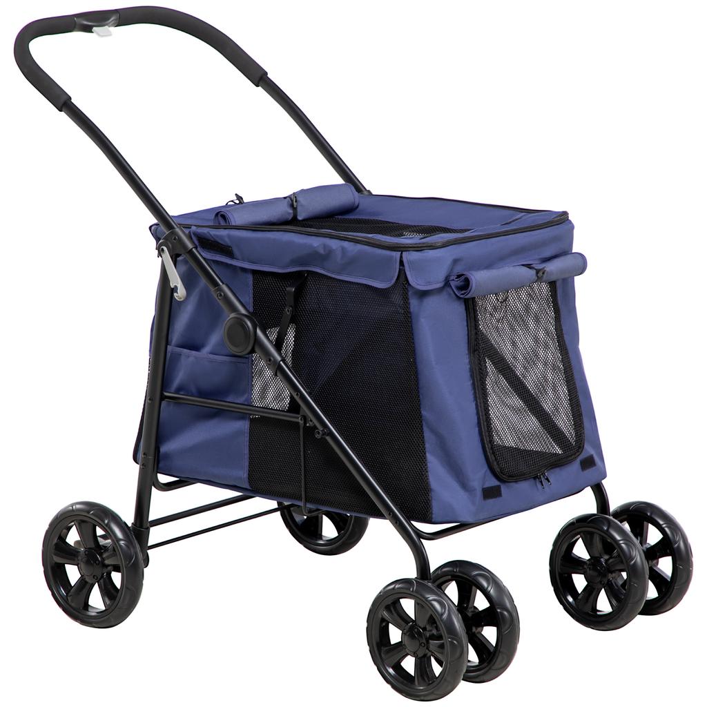 Dog Pram Dog Stroller 4 Wheels Pet Pushchair with Rolling Door, Cushion, Safety Leashes, for Small and Medium Breeds, Dark Blue