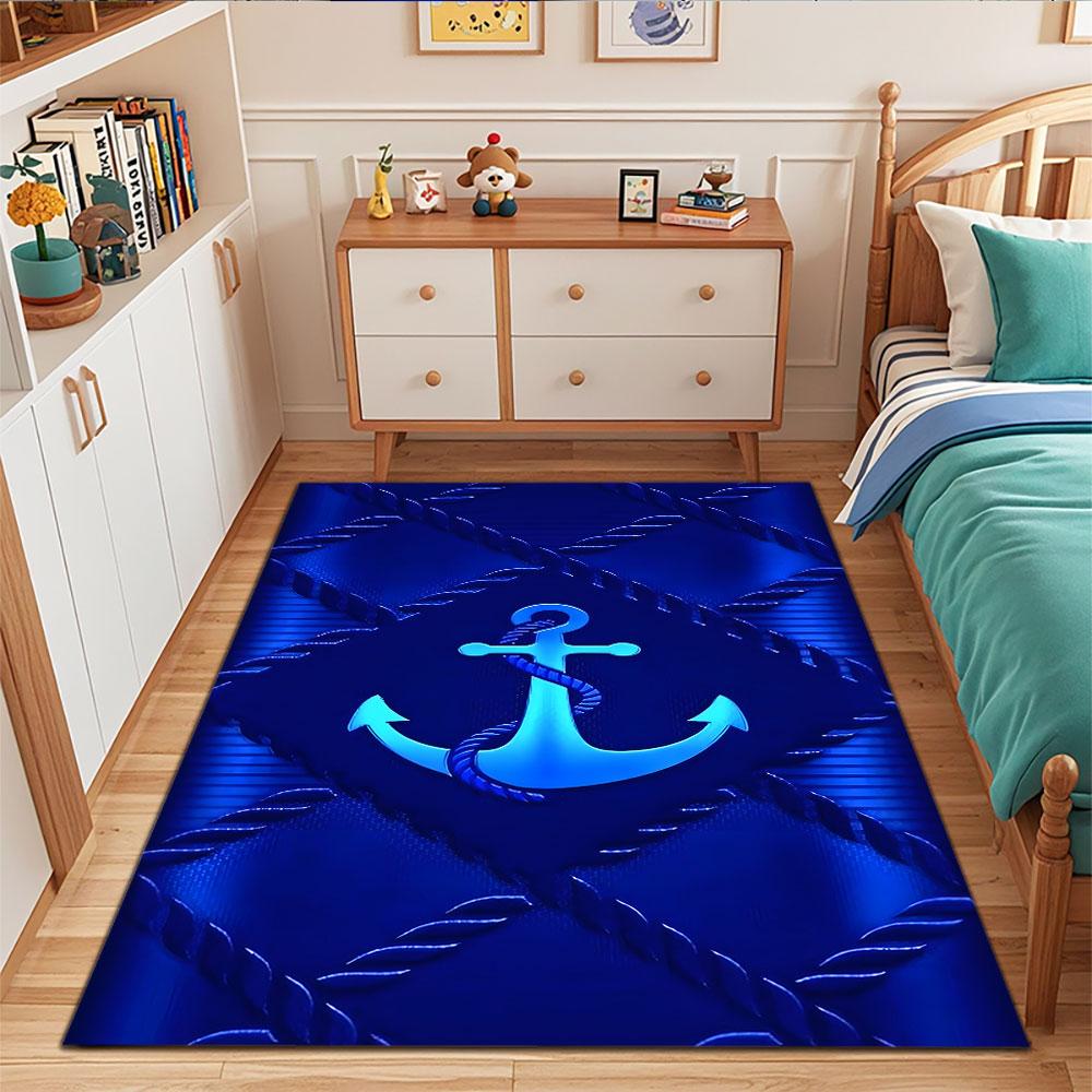 Nautical Anchor Design with Rope Motif Patterned Carpet, Suitable As a Non Slip Play Mat for the Living Room and Bedroom Sofa