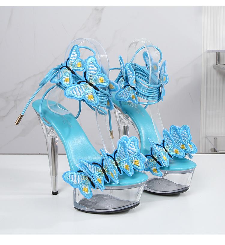 Strap Shoes Butterfly Sexy Super High Heels 15CM Thin Heel Waterproof Platform Sandals Transparent Crystal LFD