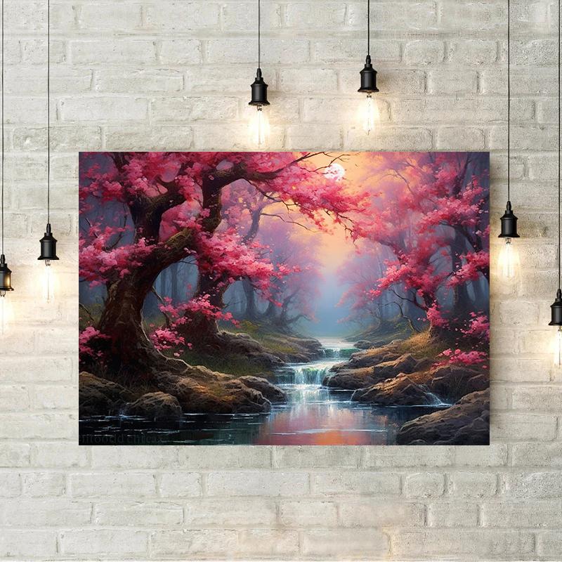 Japanese Landscapes Sakura Cherry Blossom Waterfall Poster Print Canvas Painting for Living Room Home Decor Cuadros