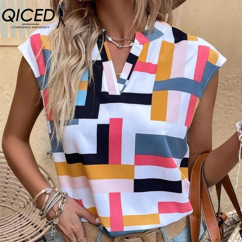 QICED Women's Fashion Casual Short Sleeve V Neck Blouses & Shirts