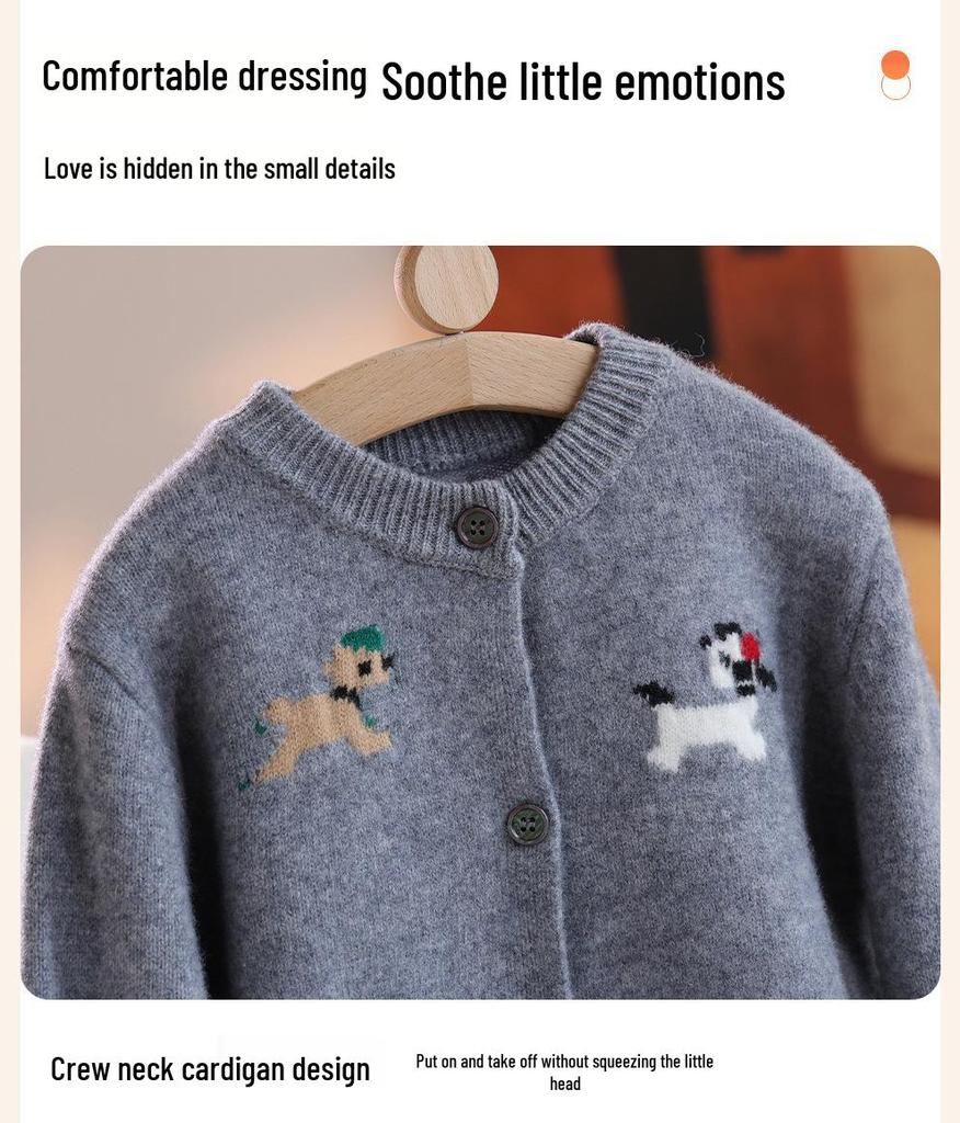 Kinder-Cardigan aus 100% reiner Wolle, gestrickt, mit Cartoon-Motiv, koreanischer Stil, Rundhals-Pullover für Jungen und Mädchen