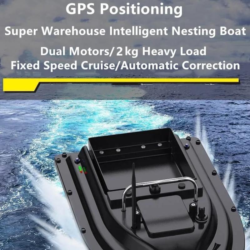 Barco de Isca RC à Prova d'Água de Alta Velocidade com Controle Remoto 2KG de Carga 500M Cruzeiro de Velocidade Fixa Luz Noturna Barco de Pesca RC GPS Barco de Isca e Alimentação de Anzol