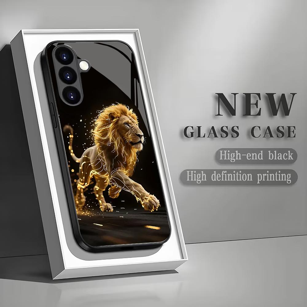 Golden Lion tempered glass phone case suitable for Samsung Galaxy S26 S25 S24 S23 S22 S20 FE/Ultra/Plus anti drop back cover