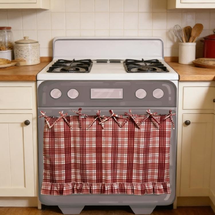 Heat Resistant Fabric Oven Curtain With Adjustable Ribbons And Elegant Ruffled Trim Cabinet Dish Washer Hide Skirt Cover