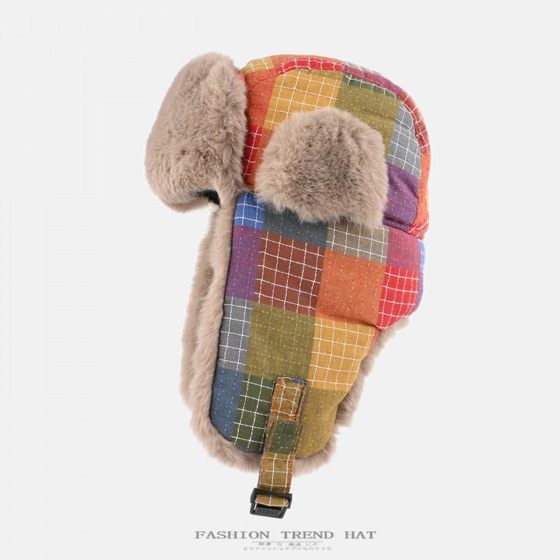 Unisex Retro Colorblock Plaid Fleece Lined Winter Warm Beanie Hat With Ear Protection