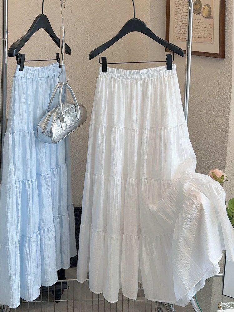 Women's Korean Style White A-Line Puffy Skirt - Mid-Length, High Waist for Spring, Summer, Autumn 2026