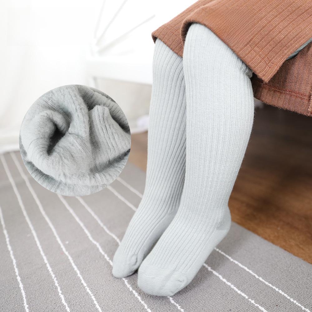 "Carefully Selected Girls' Thick Brushed Cotton Tights - Warm Solid Colors for Autumn & Winter"