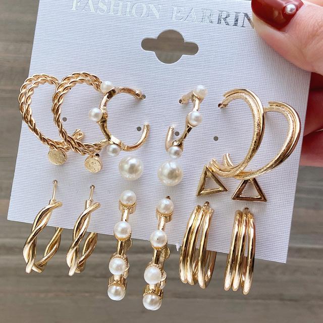 18pcs Bohemian Heart Floral Earring Sets for Women Silver Color Faux Pearl Zircon Geometric C Shape Earrings Daily Wear Jewelry