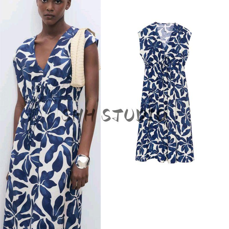 Summer New Product Women's Clothes Vacation Style V Neck Sleeveless Ruched Waist Flower Print Dress 17031161