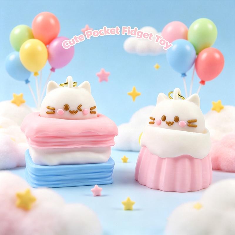 1 Pcs Kawaii Cake Cat Clicker Fidget Keychain Cute Pet Stress Relief Pendant Mini Decompression Toy Gift