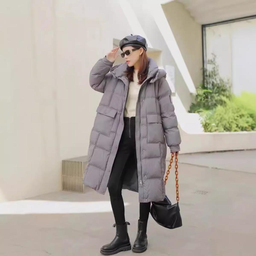 Temperament Long Knee Down Jacket Women's Winter New Hooded Loose and Thin White Duck Down Thickened Coat Tide