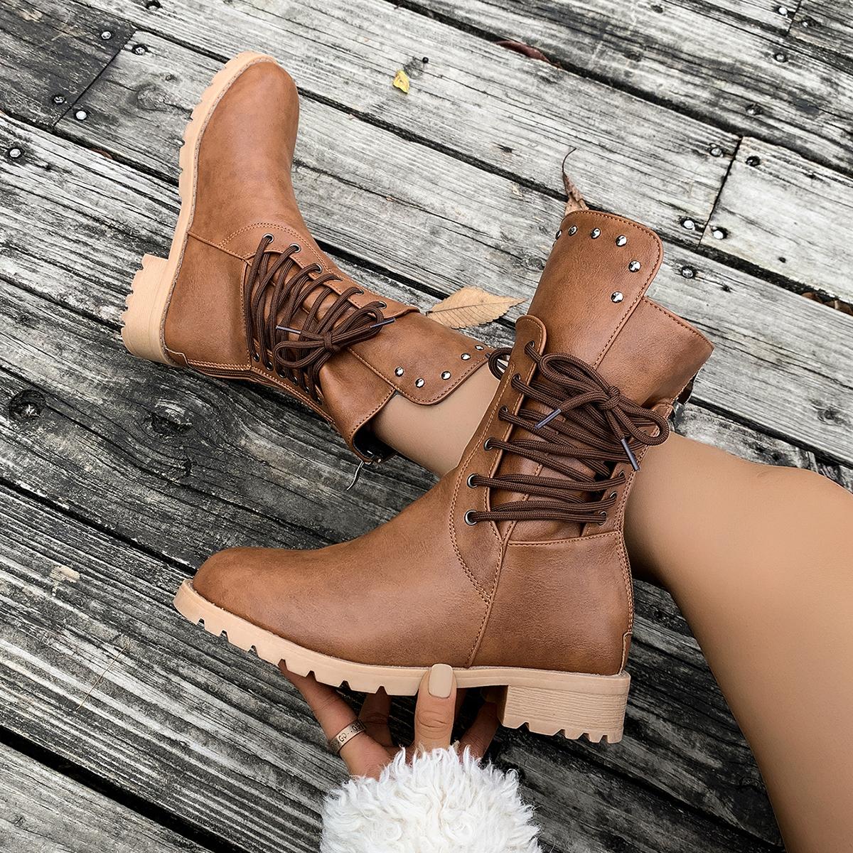 

Fashion Fashion Lace-up Modern Boots Women 2024 High Quality Shoes for Women Side Zipper Women s Boots New Plus Size Mid-Calf Boots 35 темно-коричневого кольору
