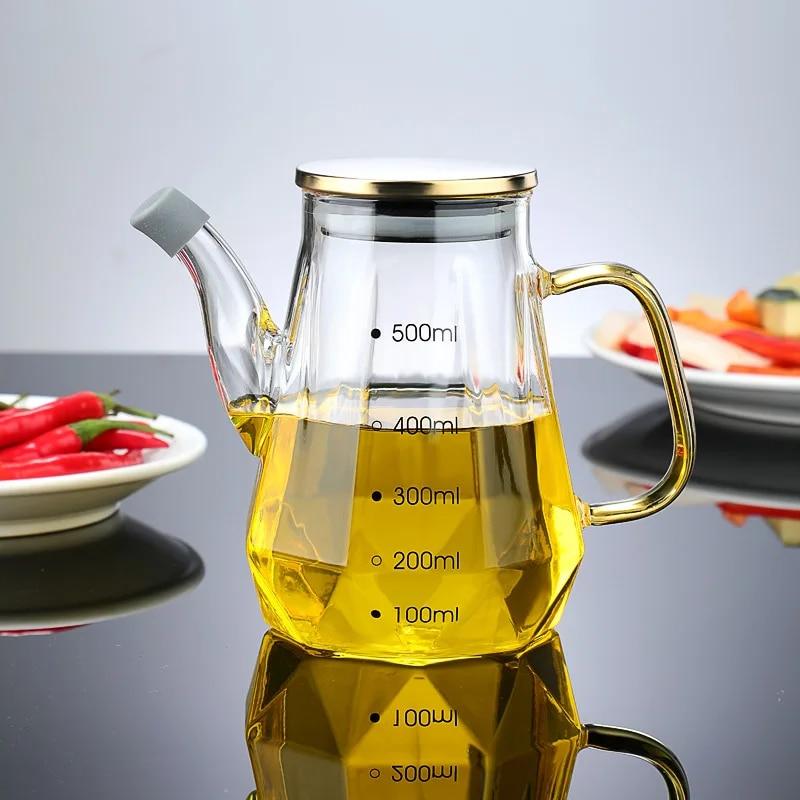 500/700/900 ml Kreative Glas-Diamant-Ölflasche für Zuhause mit Skala und Griff, Vorratsbehälter für Sojasauce, Essig und Gewürze für die Küche