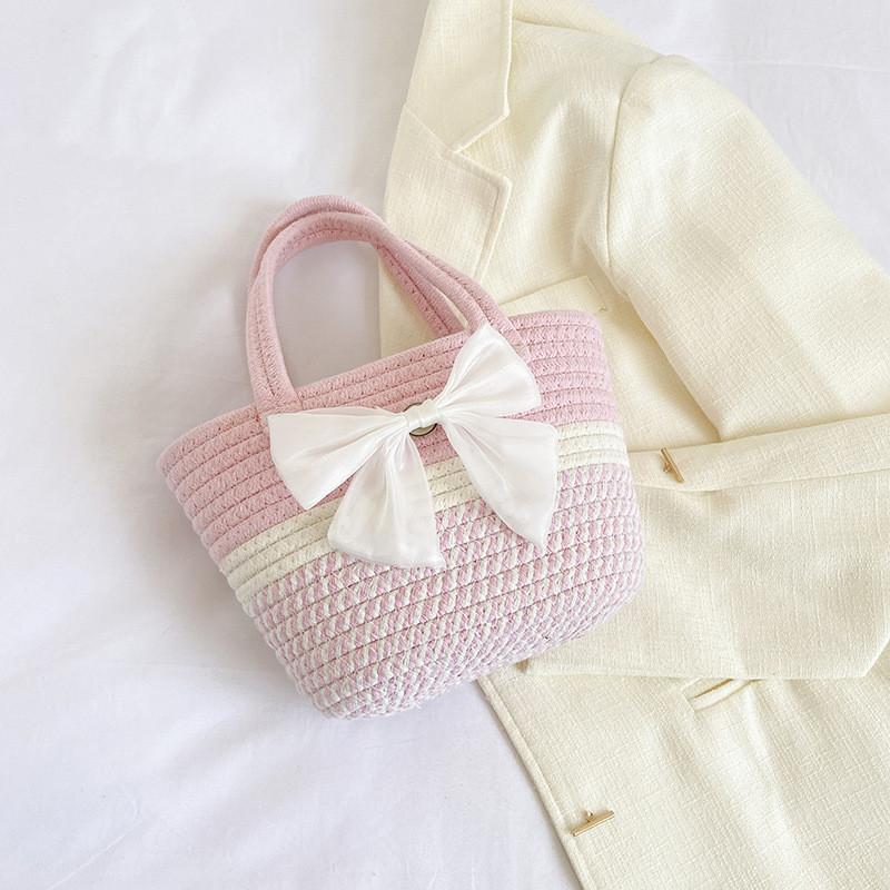 Chic Summer Woven Bucket Bag For Women In Bowknot Pink Gray And Khaki Stylish Colors