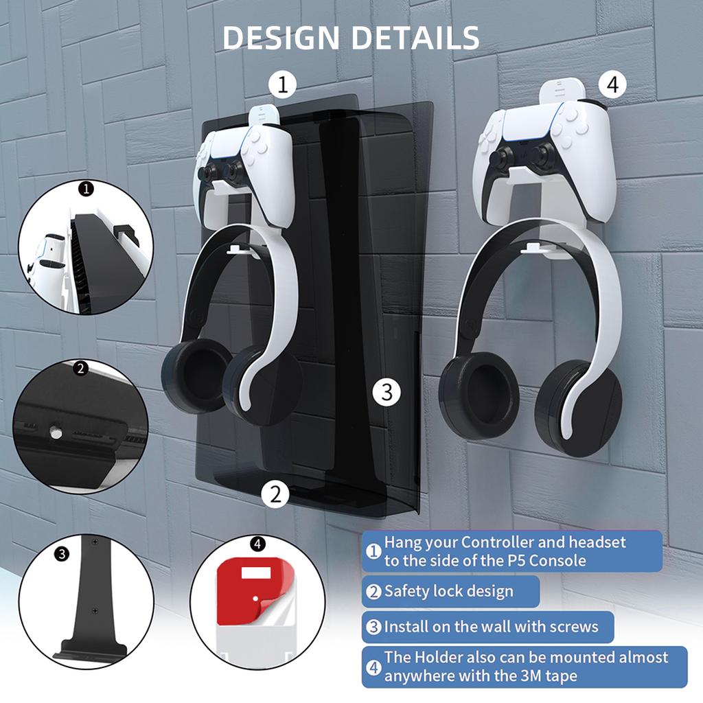 JYS P5227 Wall Mount Bracket for Sony PlayStation 5 Slim/5 Pro/5 Game Console Storage Rack Hook Set