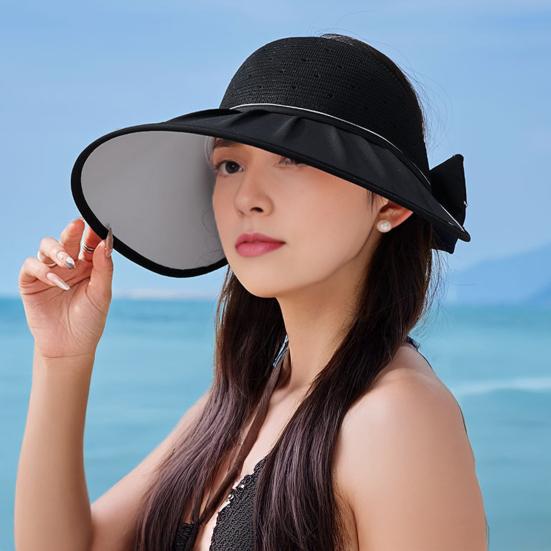 Women's Sun Visor Hat Summer Large Brim Fishing Cap with Bow UV Protection Half Open Top Beach Hat for Hiking Travel