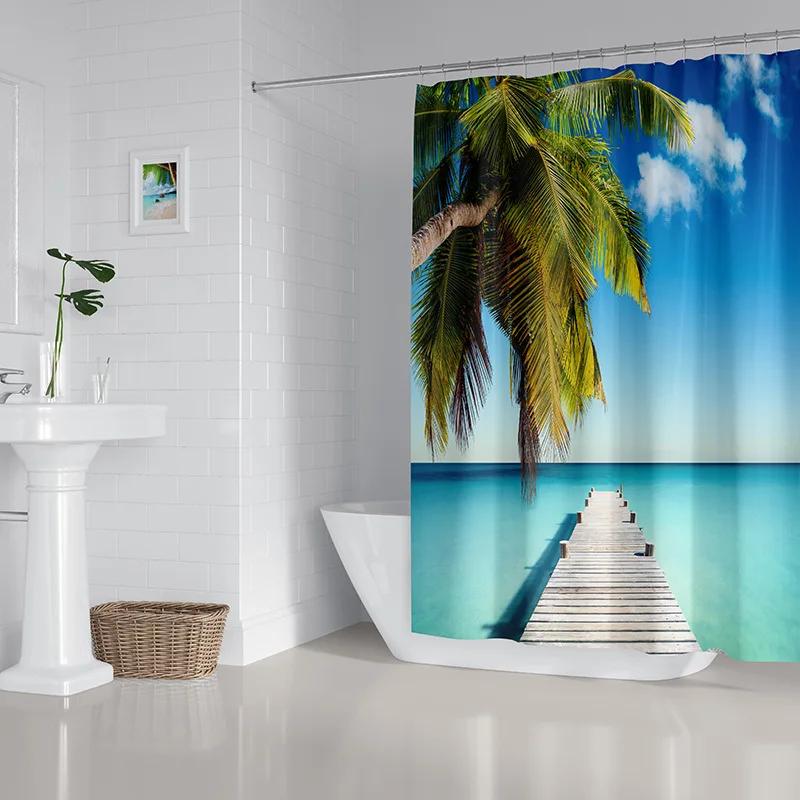 2022 New Shower Curtain Starfish Beach Pattern Bathroom Partition Waterproof  Coconut Sea View Polyester