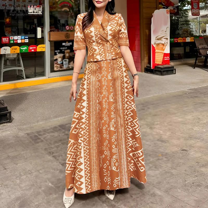 ZANZEA Women Short Sleeve Blouse and Long Skirt Retro Print Two Piece Suit Sets