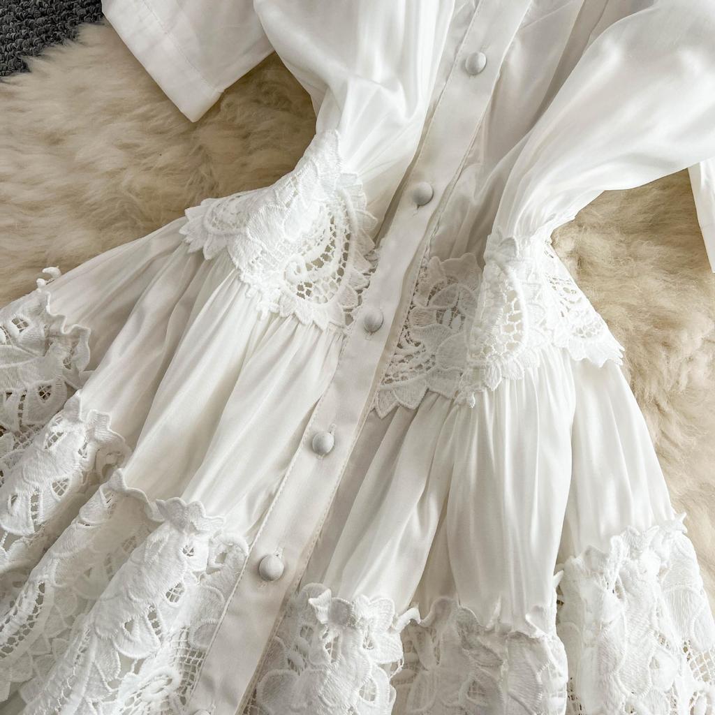 French Style Floral Pleated Square Neck Dress with Spliced Waist and Large Hem