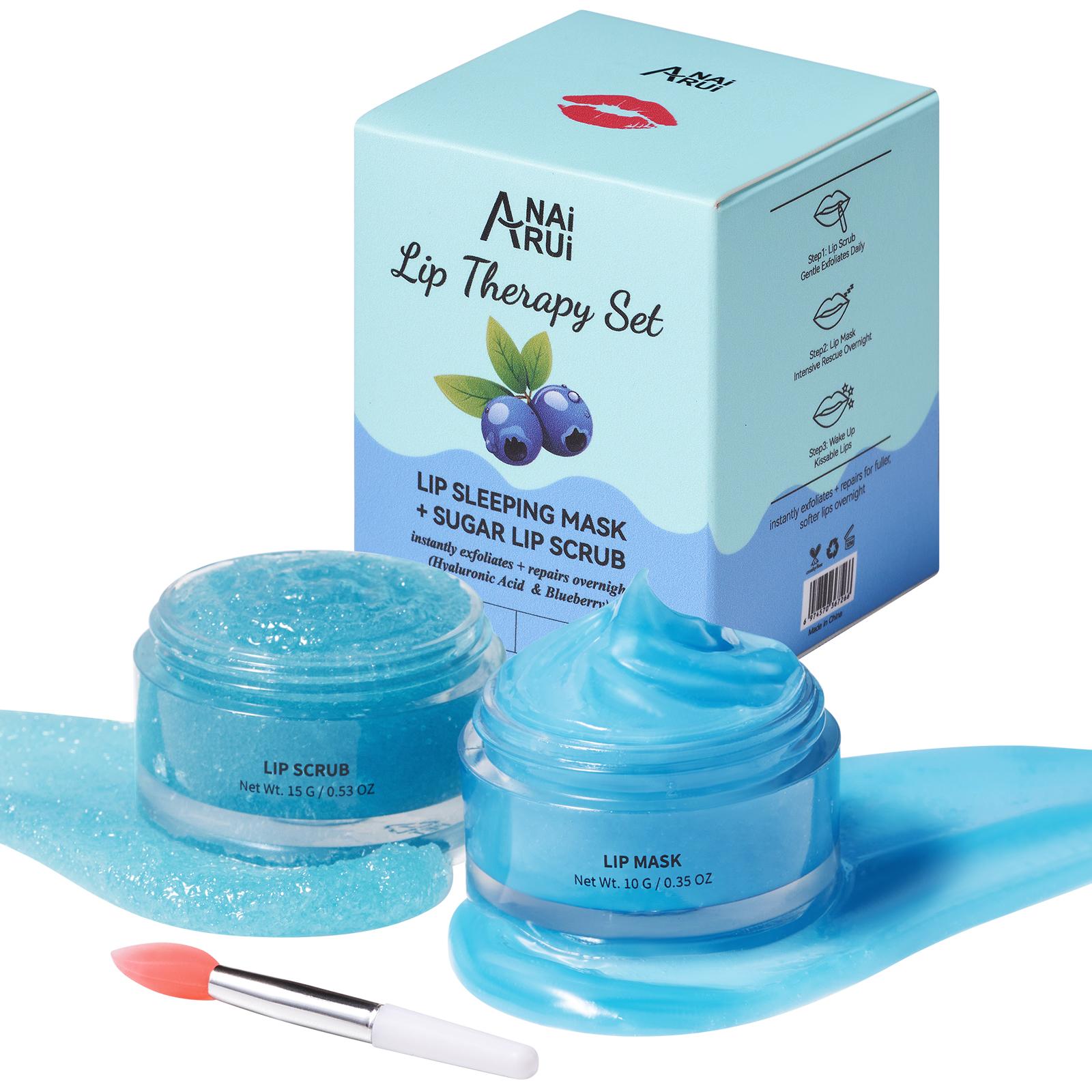 ANAiRUi Blueberry & Hyaluronic Acid Lip Scrub & Lip Mask Set, Overnight Moisturizing Exfoliating Lip Treatment for Dry Chapped Dark Lips 30g