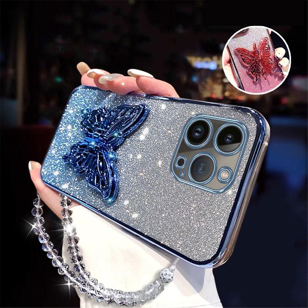 Luxury Butterfly Phone Holder Crystal Bracelet Case For Samsung S25 S24 S23 Ultra S21 S22 Plus S20 FE S10 Glitter Plating Cover