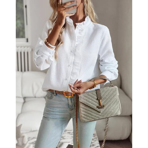 Cămașă Elegantă pentru Femei cu Mânecă Lungă, Drapată, Guler Înalt, Bluză pentru Birou, Cămăși Casual cu Nasturi, Tunici Harajuku, Topuri Simple de Stradă