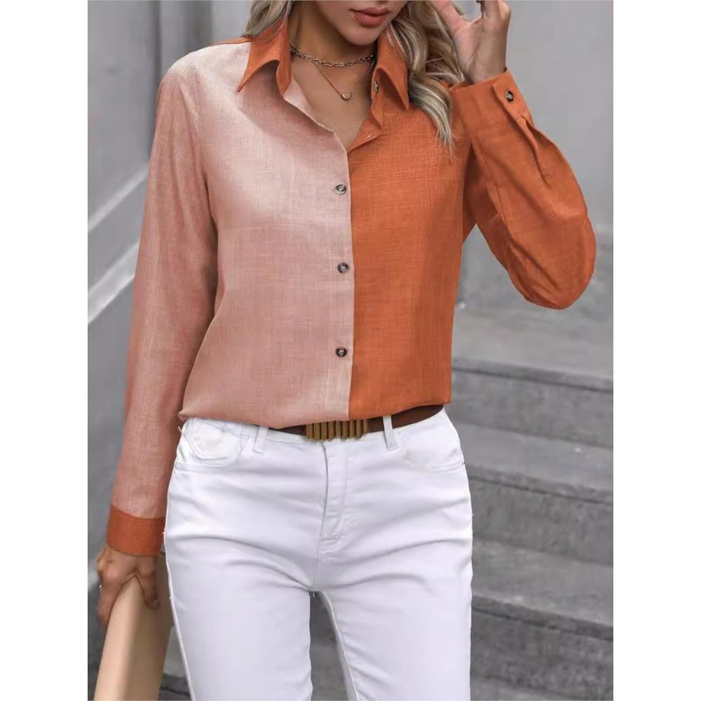 Camisa de Mujer de Manga Larga con Cuello Solapa Combinación de Colores Nueva Moda Otoño Primavera Casual Simple de Color Sólido Camisa de Oficina Femenina