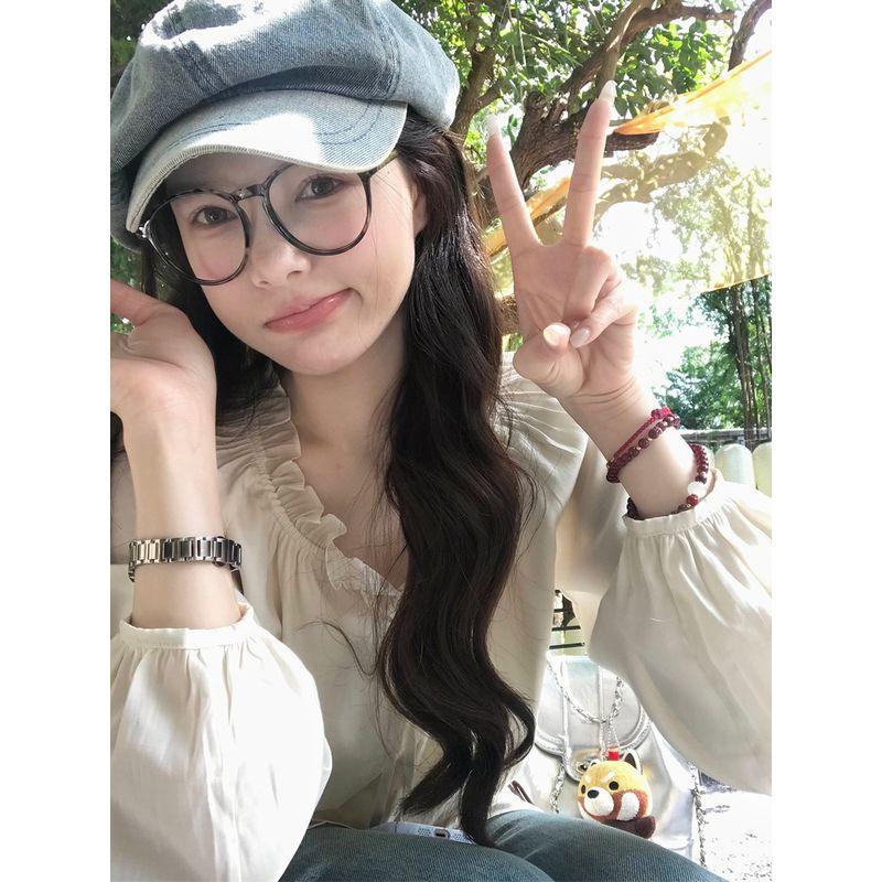 Kumikumi Sweet Style Wooden Ear Lace-up Long Sleeve Shirts Women Clothes Autumn Age-Reducing Chic Loose All-Match Top