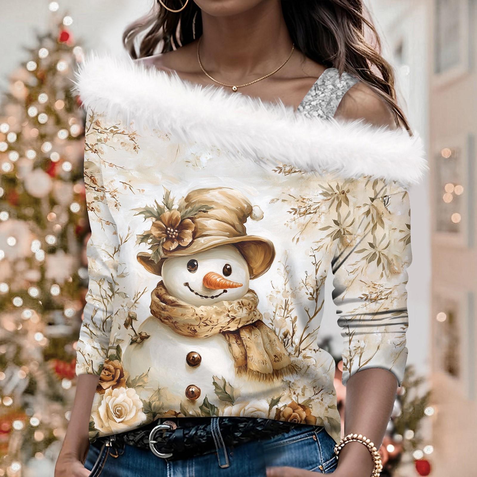 

Женский осенне-зимний пуловер с длинными рукавами и одним плечевым ремнем с рождественским принтом M хаки