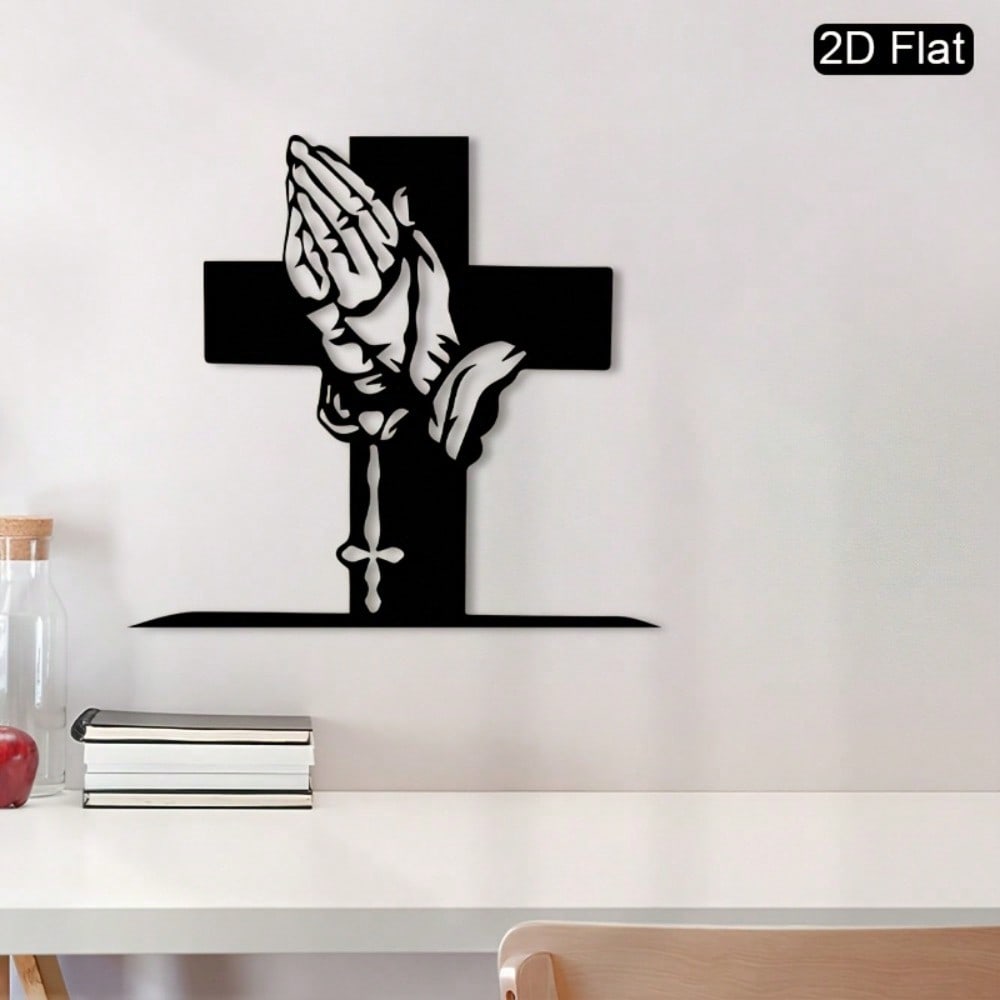 2D Minimalist Cross Praying Hands Metal Wall Art Iron Craft for Living Room Bedroom Christmas Decor