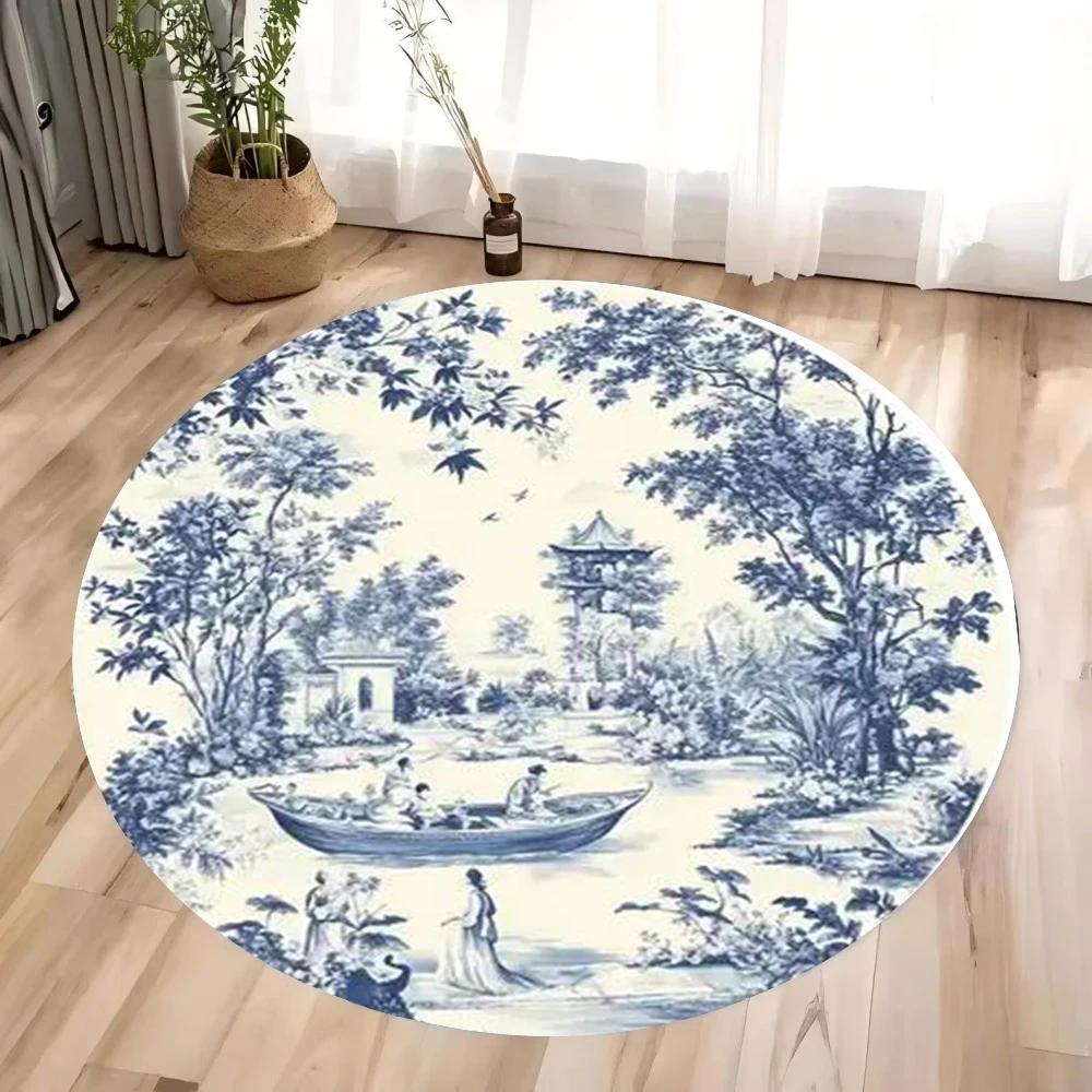Oriental Style Round Rug Blue and White Porcelain Landscape Patterns Perfect for Living Room Decor Soft Durable Floor Mat
