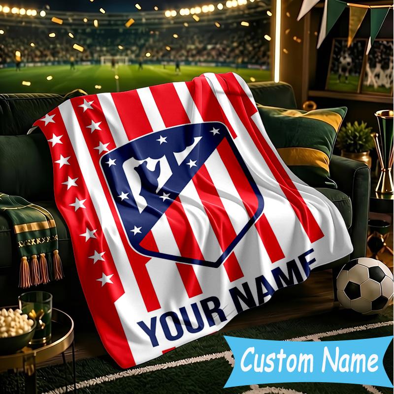 Custom Name Atletico Madrid Crest Flannel Blanket, Use for Birthday/Holiday Gift, Soft Blanket for Sofa/Bed/Camping/Office, Home Decor