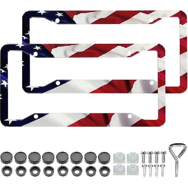 American Flag License Plate Frame Holder - 2 Pack Universal Aluminum Matte Stripe US Flag Gloss Patriotic Car Plate Frame Covers With Free Screws