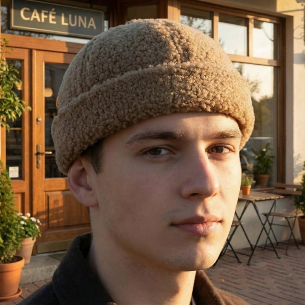 Imitation Lambswool Docker Cap Rolled Edge Brimless Hat Simple Beanie Hat  Autumn