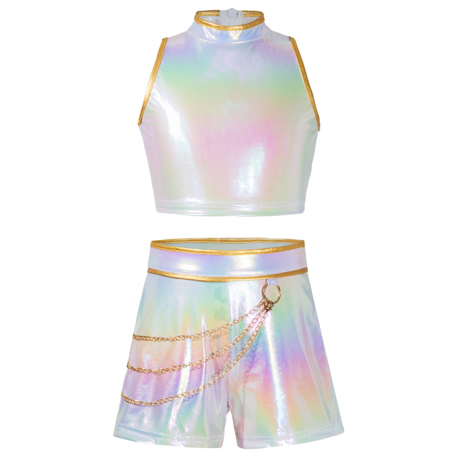 

Популярний співак для дівчаток, костюм для рольової гри, глянсовий топ без рукавів, знімний пояс, ланцюжок на талію, шорти 3-4 Years веселковий/білий