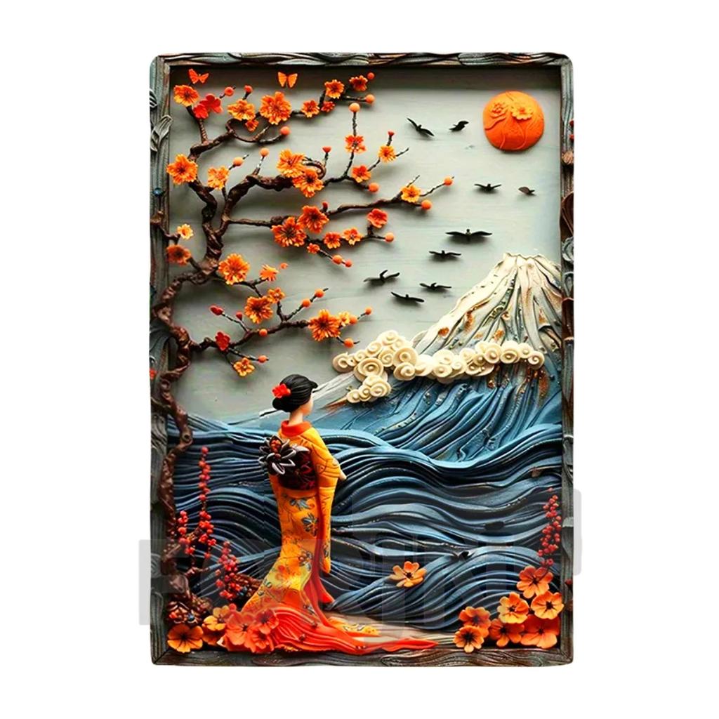 2D Japanisches Kunstposter Kimono Kirschblüten, elegantes Retro Geisha Metallschild, Zuhause, Zimmer, Büro, Izakaya, Café, Studio Wanddekor