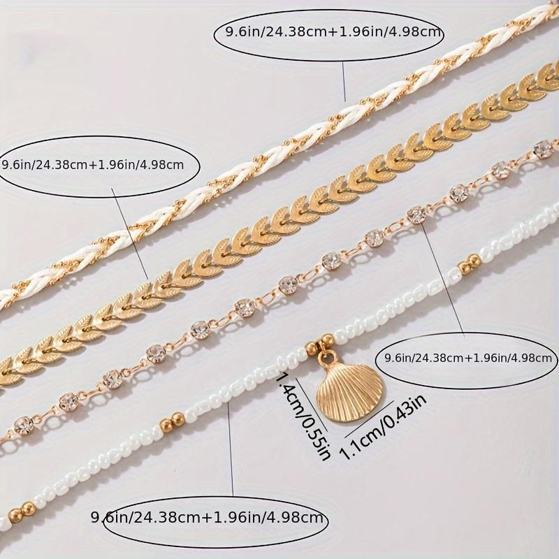 4 Pcs Personality Anklet Inlaid Shiny Rhinestones Four Layers Ankle Bracelet Summer Beach Style Foot Jewelry