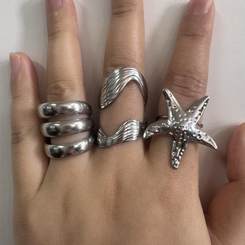 Stainless Steel Irregular Multi-Layer Ring Vintage Silver Color Starfish Open Adjustable Rings for Women Men Personality Jewelry